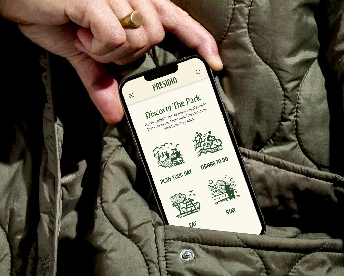 Smartphone displaying the Presidio mobile homepage with sections for planning visits, activities, dining, and places to stay in San Francisco.