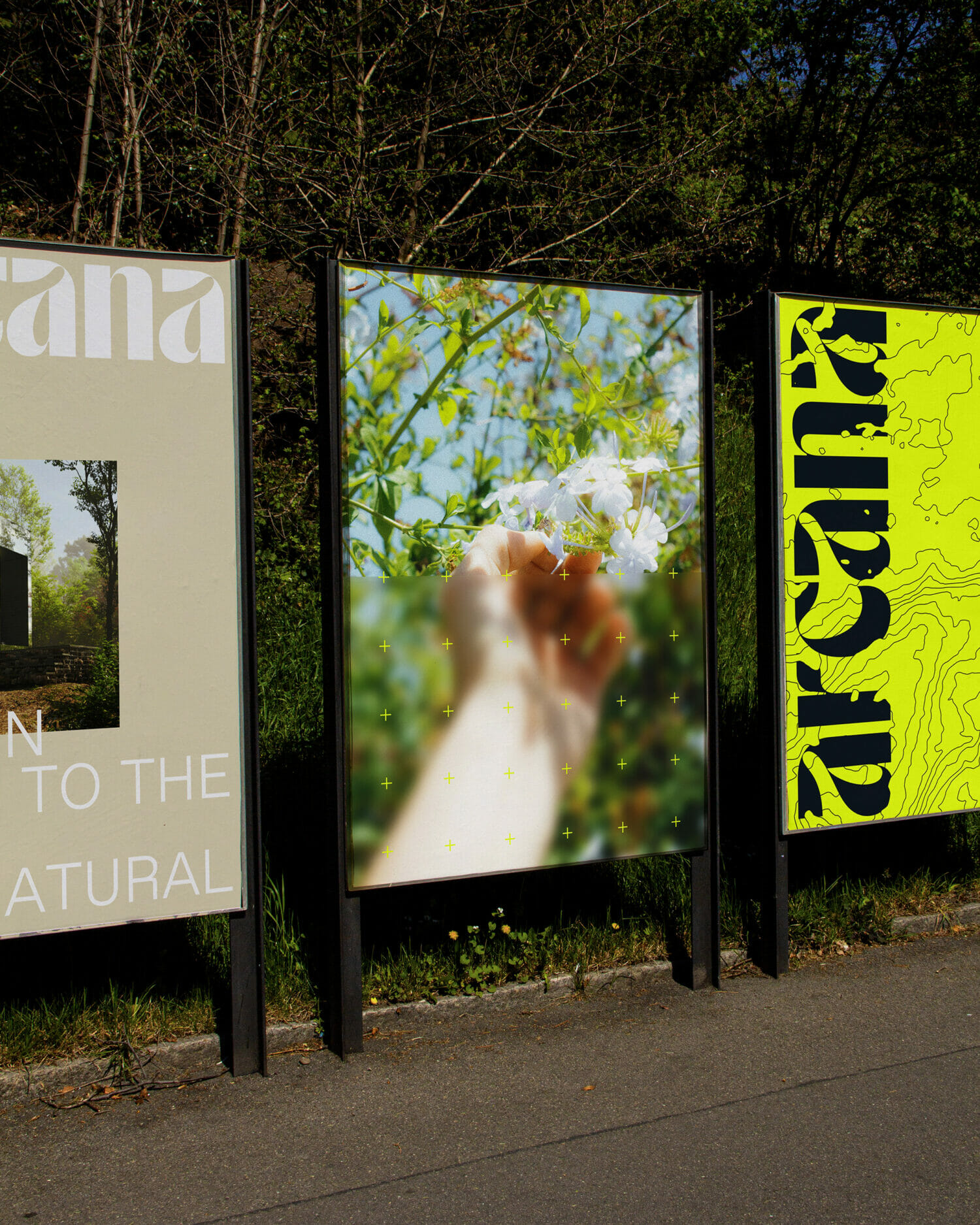 Arcana promotional hoarding highlighting luxury nature cabins, wellness experiences, and immersive forest retreats through contemporary outdoor branding.