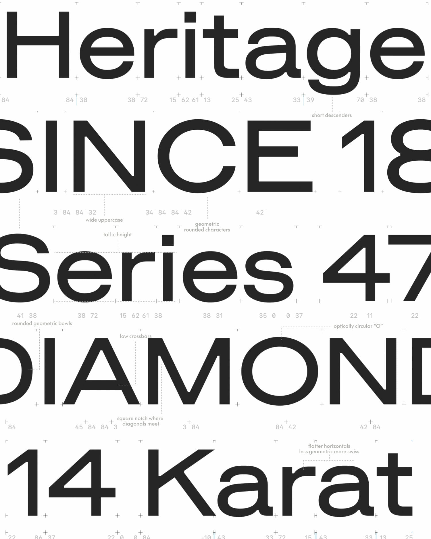 Featuring the words heritage since 1881 series 47 diamond 14 karat in bold black lettering with design annotations.
