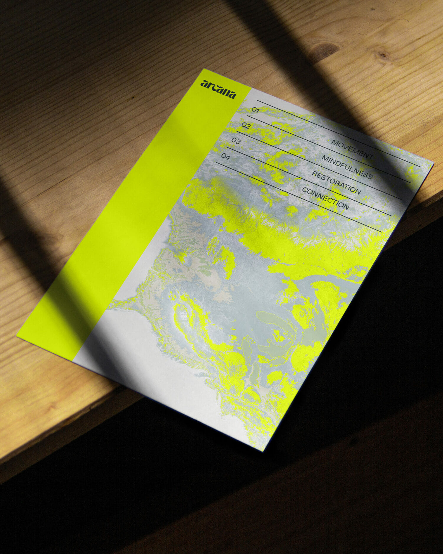 Arcana wellness retreat brochure showcasing curated offerings focused on Movement, Mindfulness, Restoration, and Connection through immersive nature-based experiences.
