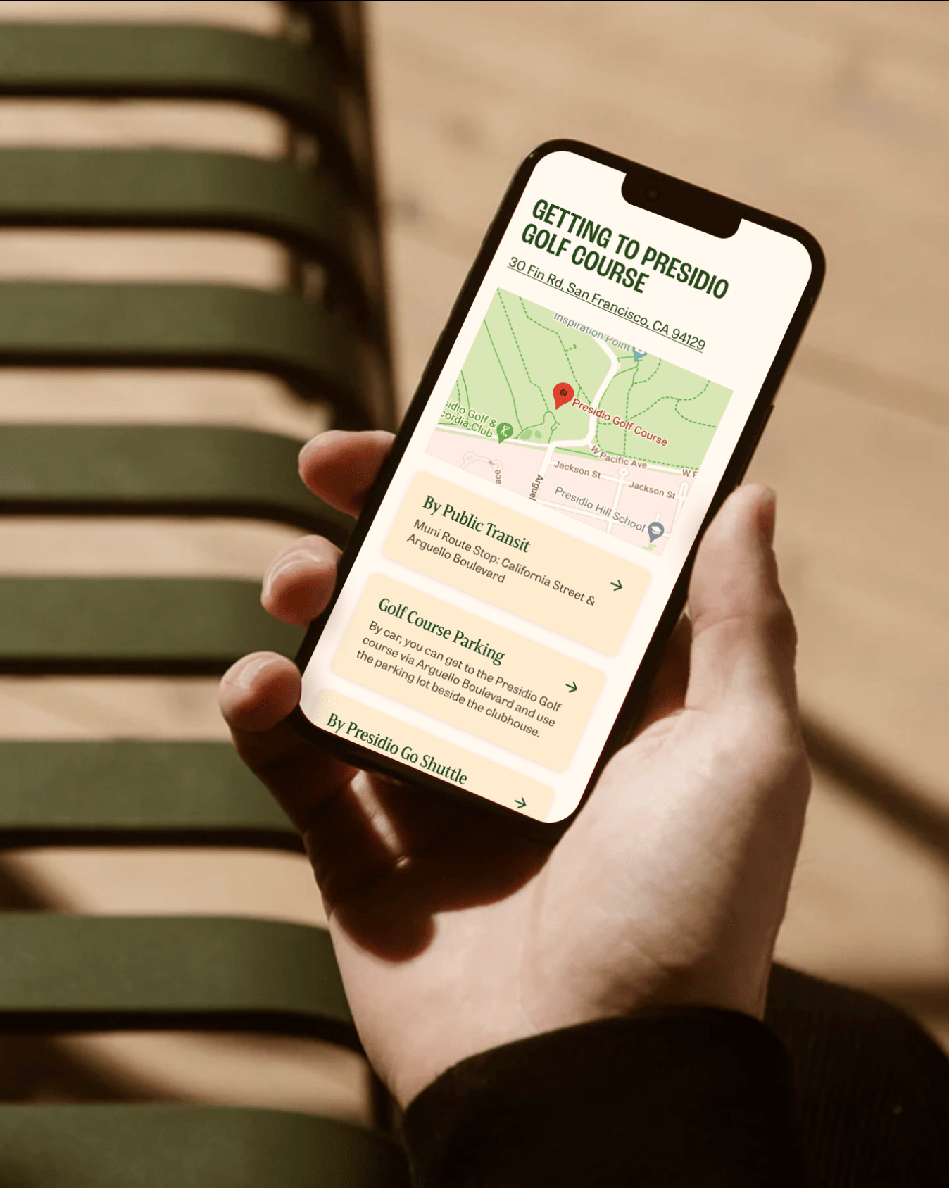 Smartphone displaying presidio golf course directions and transportation information on the Presidio mobile website.
