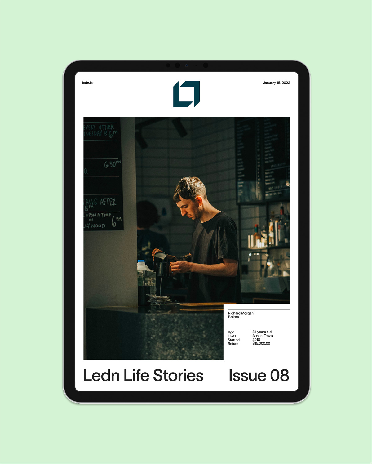 Tablet display featuring the “Ledn Life Stories” editorial series by Ledn, showcasing a barista portrait alongside minimalist typography and clean publication design that reflects modern financial storytelling