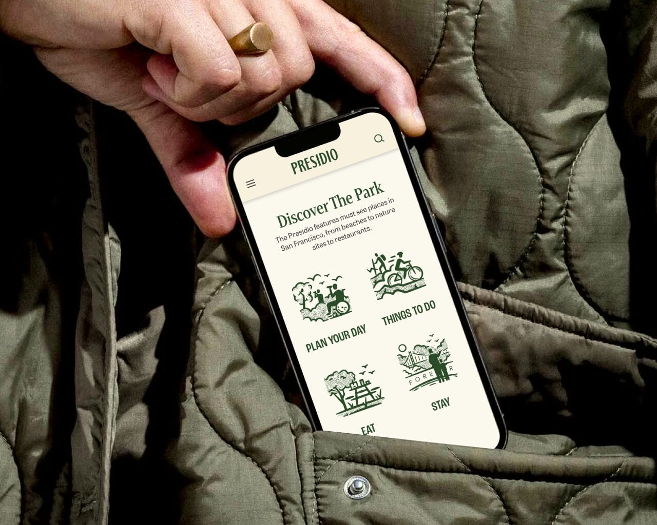 Smartphone displaying the Presidio mobile homepage with sections for planning visits, activities, dining, and places to stay in San Francisco.