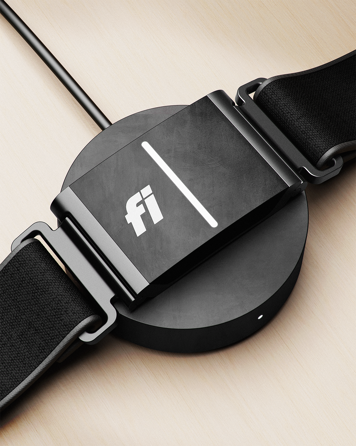 Fi smart pet collar with durable black woven strap resting on a wireless charging dock, showcasing sleek modern design and GPS tracking technology.