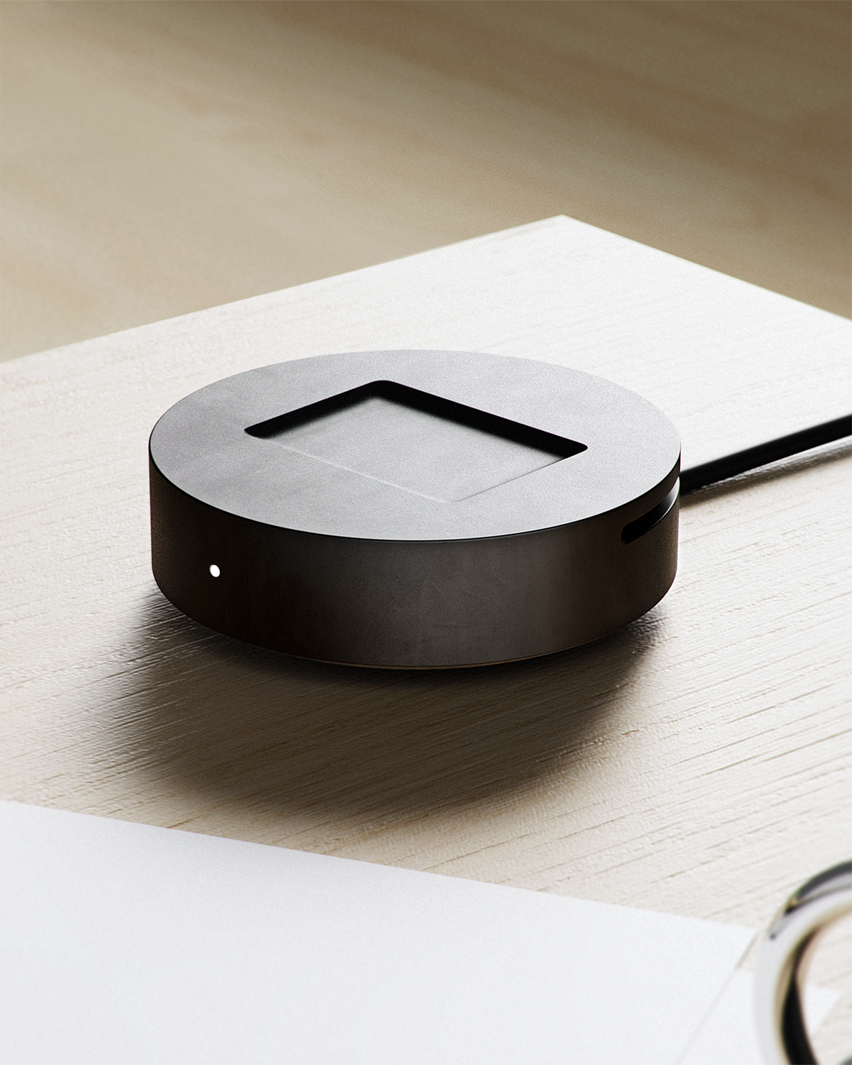 Close-up of a Fi Series smart dog collar in black, featuring premium hardware and charging base for pet location tracking and activity monitoring.