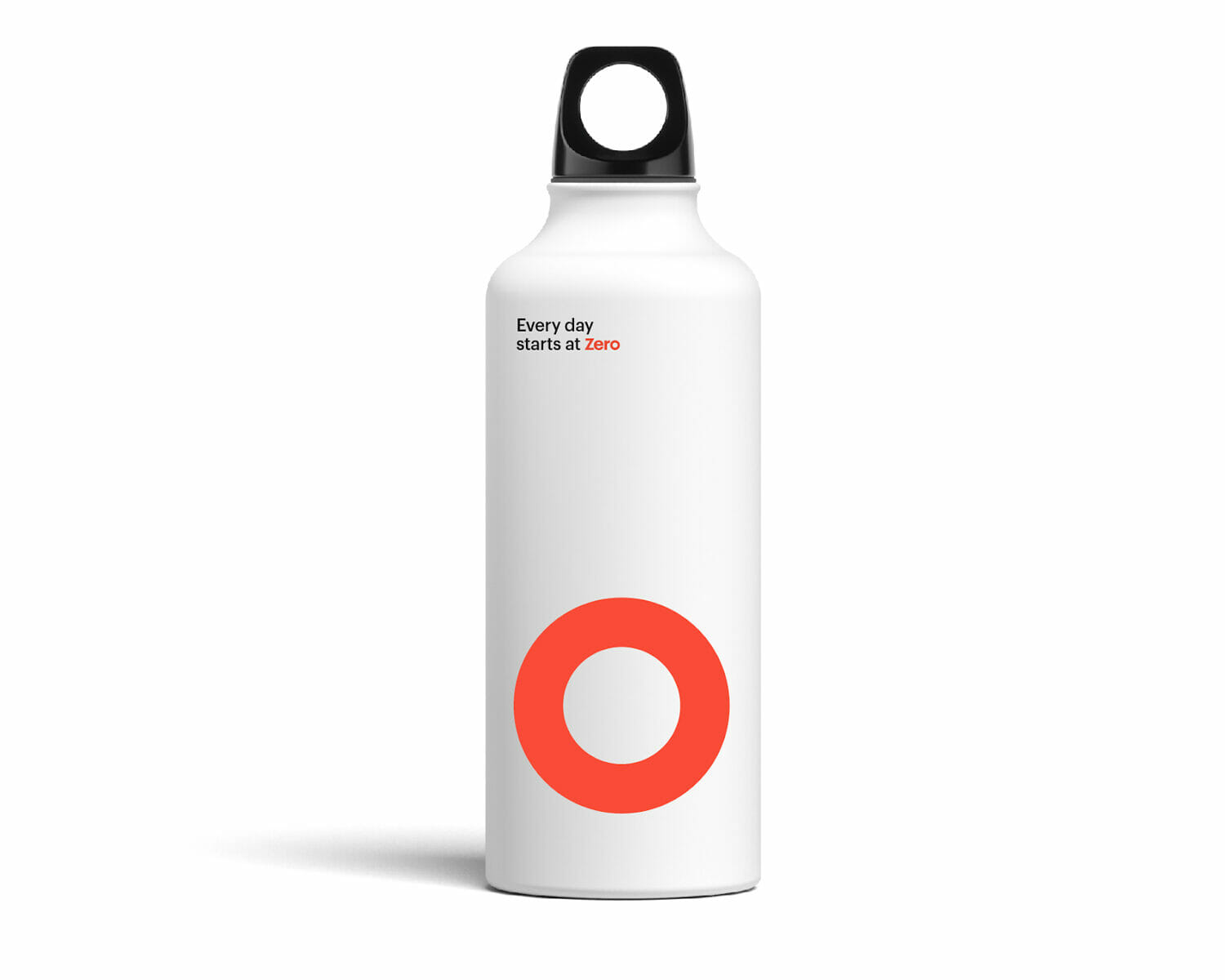 White Zero branded water bottle with the tagline Every day starts at Zero near the top and the large coral red Zero ring logo mark centered on the lower half