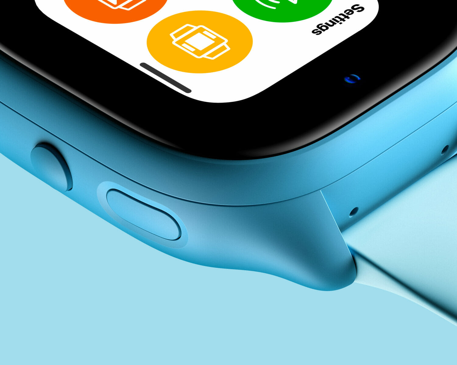 Verizon gizmo smartwatch showing side button controls, smooth blue casing, and rounded display edges.
