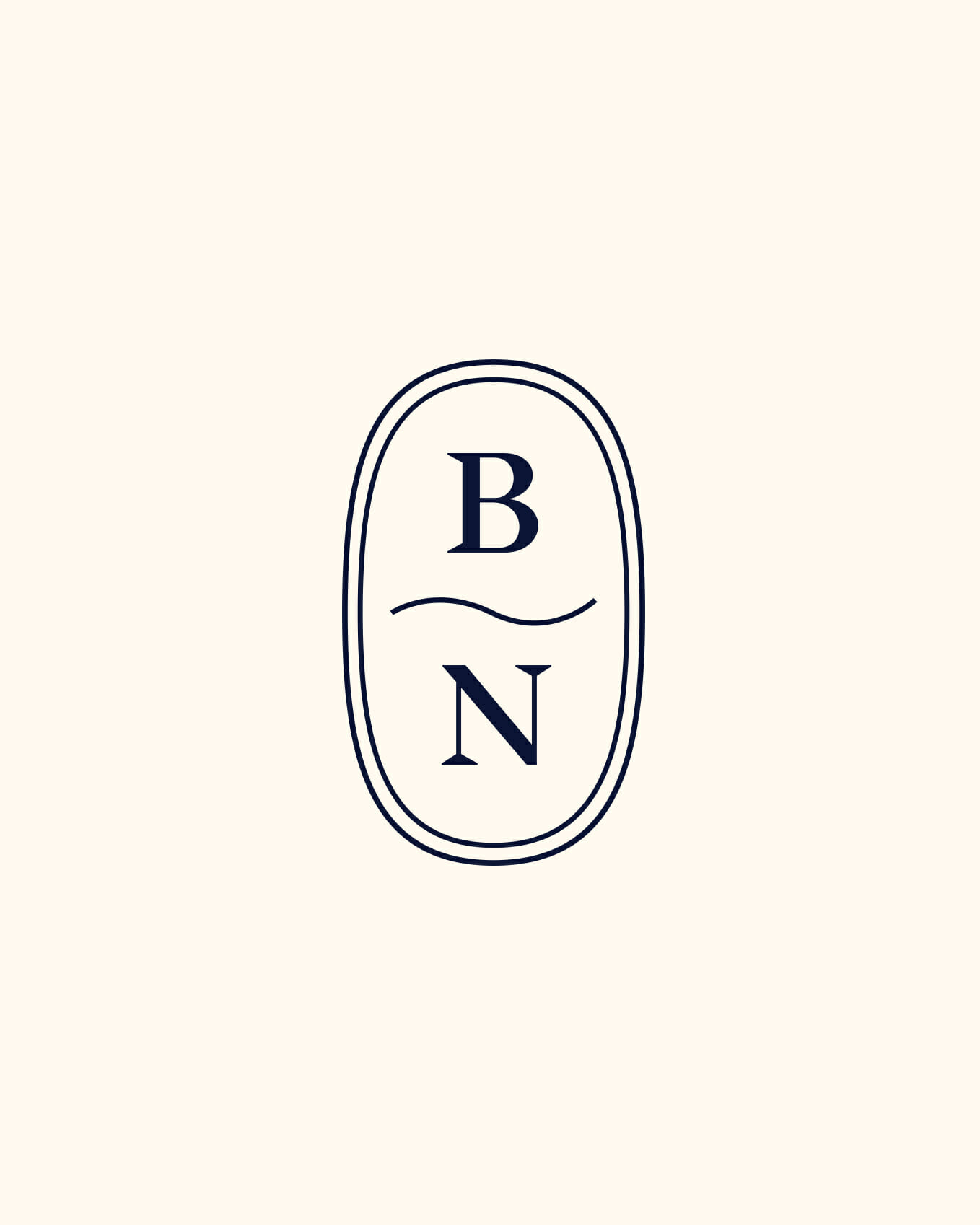 Blue nile monogram featuring the letters B and N separated by a wave line inside an oval border.