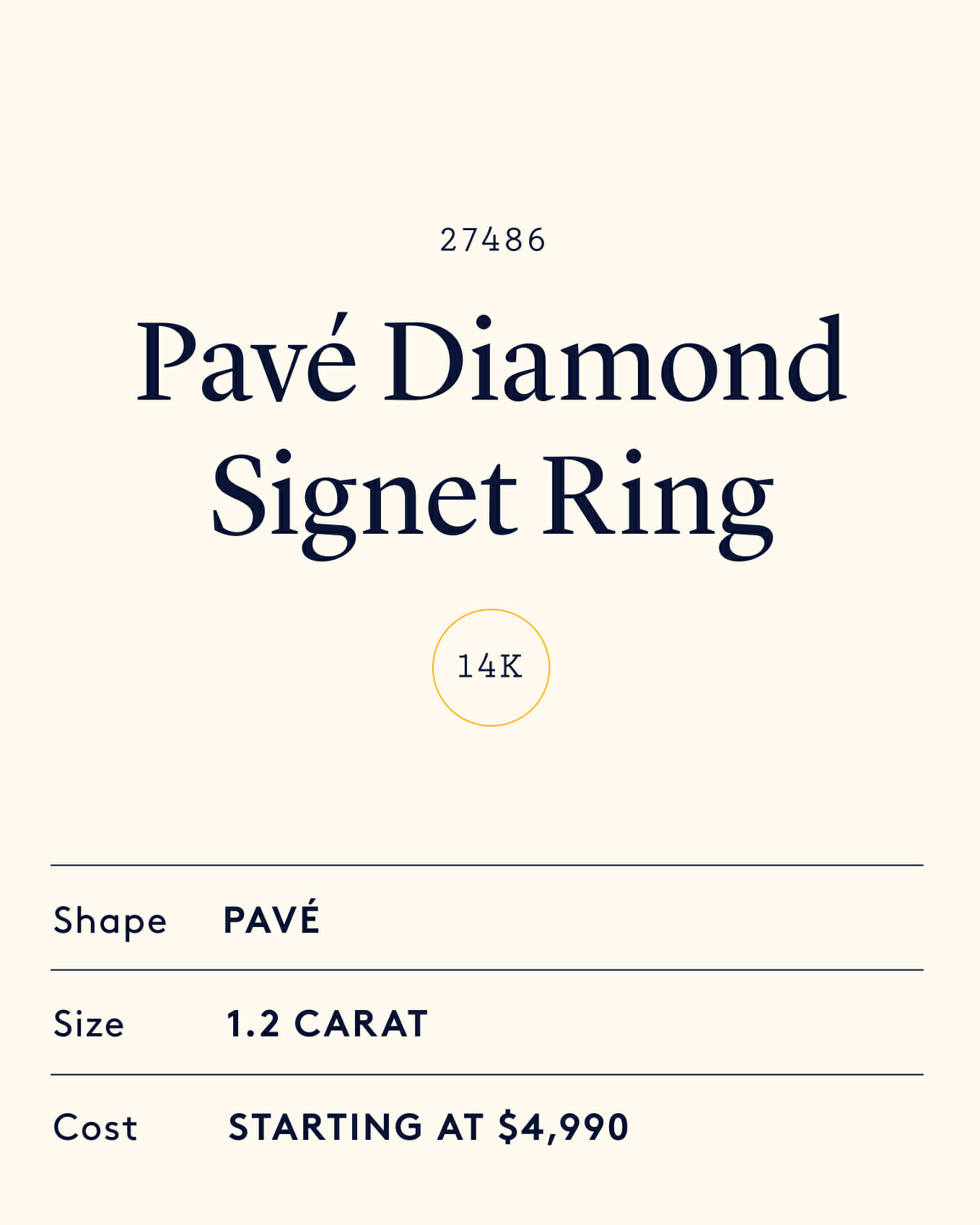 Product information layout for a blue nile pave diamond signet ring featuring specifications, carat weight, and pricing.